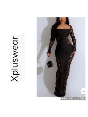 Xpluswear Sheer Lace Maxi Gown Dress Black Long Sleeve Cutout Mesh XL NWT